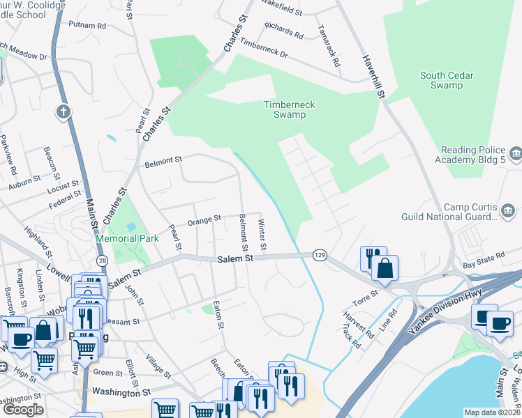 map of restaurants, bars, coffee shops, grocery stores, and more near 106 Orange Street in Reading
