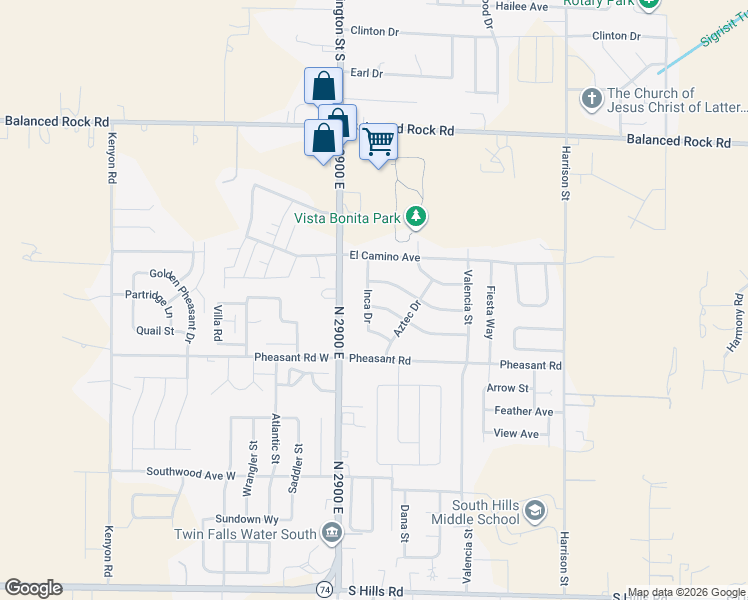 map of restaurants, bars, coffee shops, grocery stores, and more near 1172 Inca Drive in Twin Falls