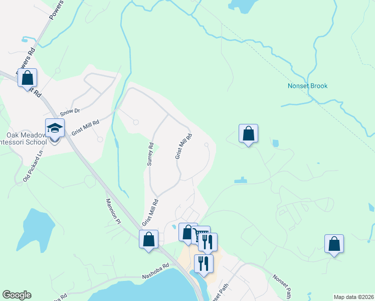 map of restaurants, bars, coffee shops, grocery stores, and more near 72 Grist Mill Road in Littleton