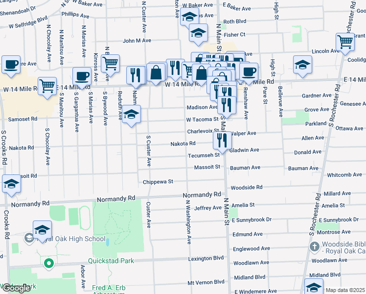 map of restaurants, bars, coffee shops, grocery stores, and more near 207 Nakota Street in Clawson