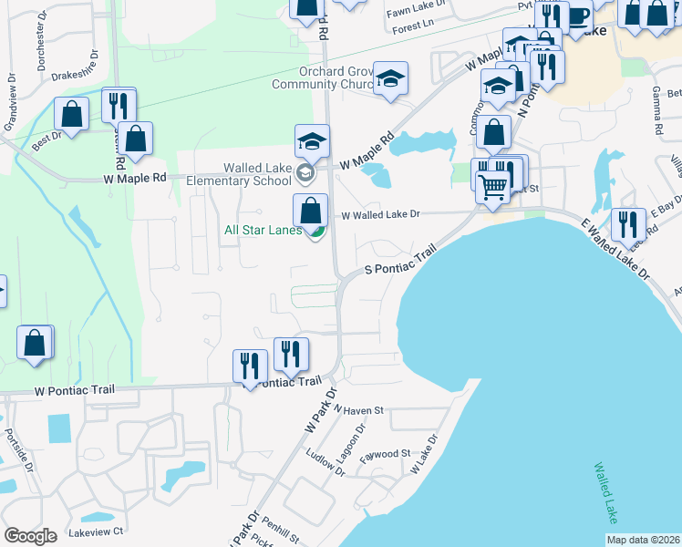 map of restaurants, bars, coffee shops, grocery stores, and more near 116 Ladd Road in Walled Lake