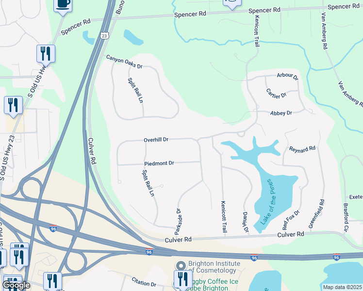 map of restaurants, bars, coffee shops, grocery stores, and more near 10485 Overhill Drive in Brighton