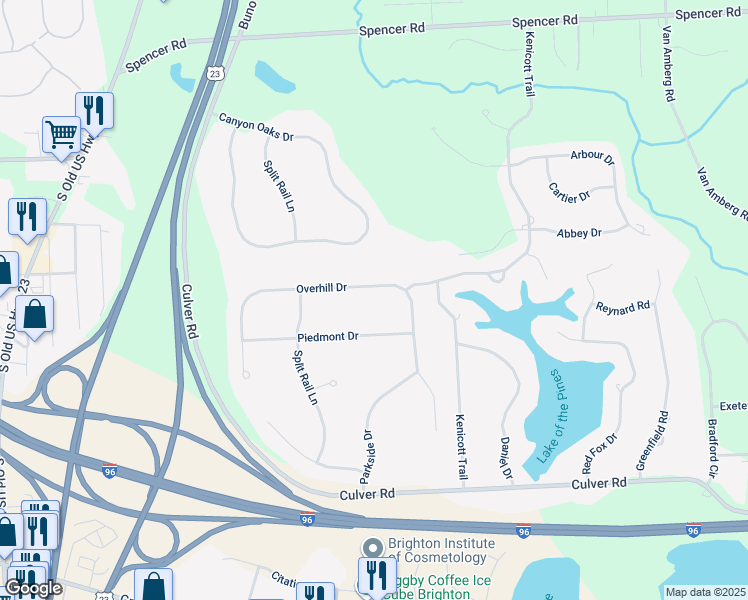 map of restaurants, bars, coffee shops, grocery stores, and more near 10485 Overhill Drive in Brighton