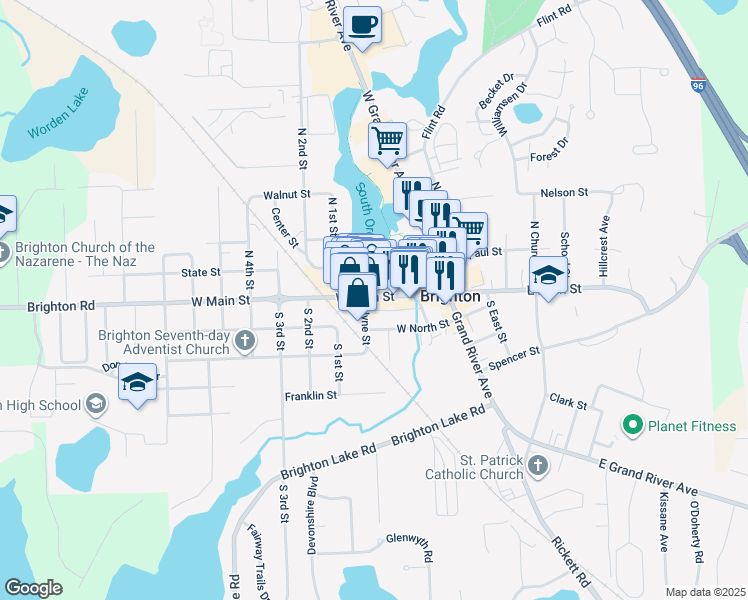 map of restaurants, bars, coffee shops, grocery stores, and more near 400 North Hyne Street in Brighton