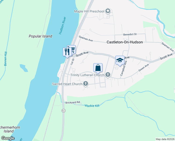 map of restaurants, bars, coffee shops, grocery stores, and more near 31 Green Avenue in Castleton-on-Hudson