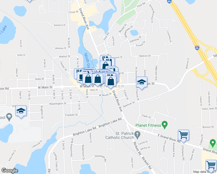 map of restaurants, bars, coffee shops, grocery stores, and more near 105 West Main Street in Brighton