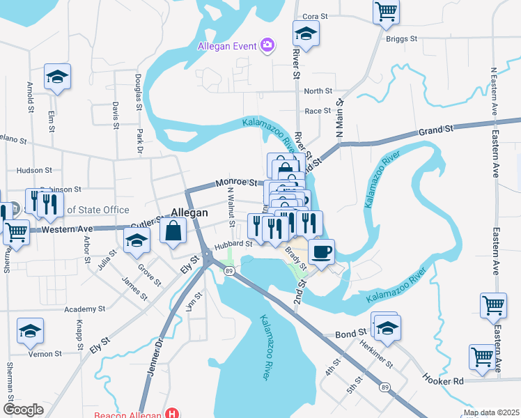 map of restaurants, bars, coffee shops, grocery stores, and more near 203 Cutler Street in Allegan