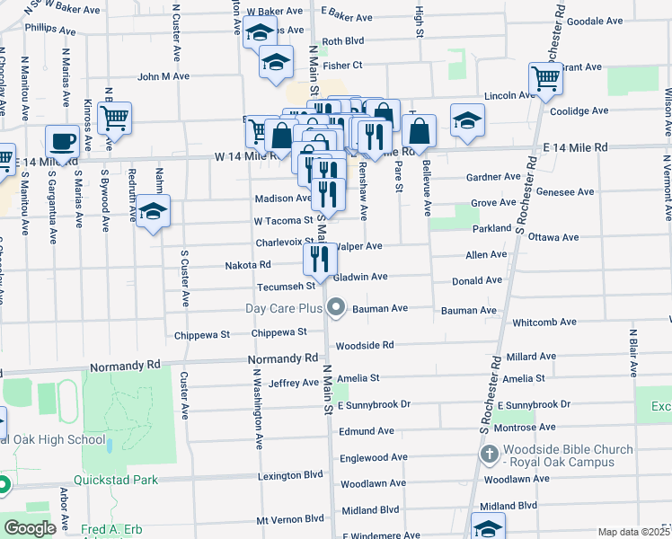 map of restaurants, bars, coffee shops, grocery stores, and more near 533 South Main Street in Clawson