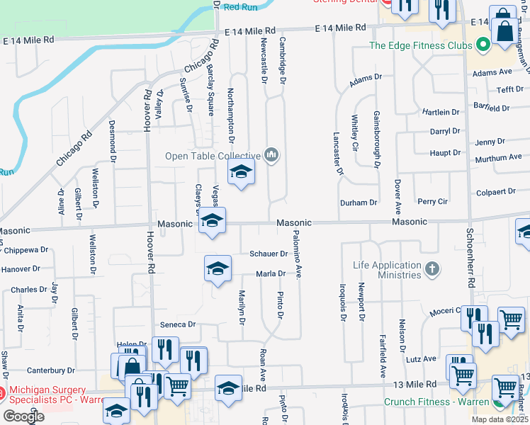 map of restaurants, bars, coffee shops, grocery stores, and more near 31915 Cambridge Dr in Warren