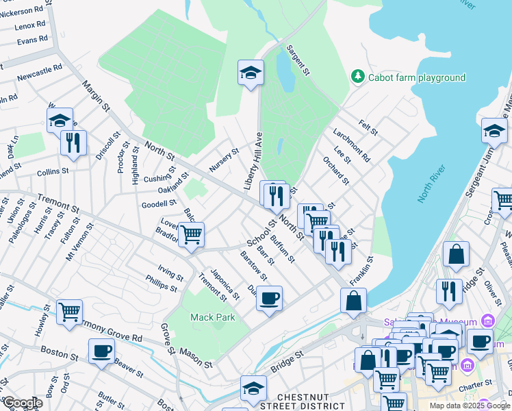 map of restaurants, bars, coffee shops, grocery stores, and more near 164 North Street in Salem