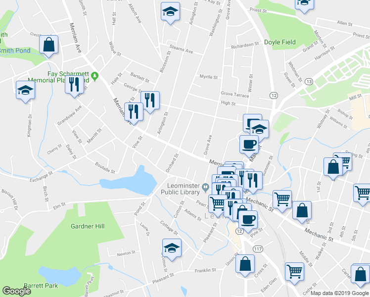 map of restaurants, bars, coffee shops, grocery stores, and more near 149 Merriam Avenue in Leominster