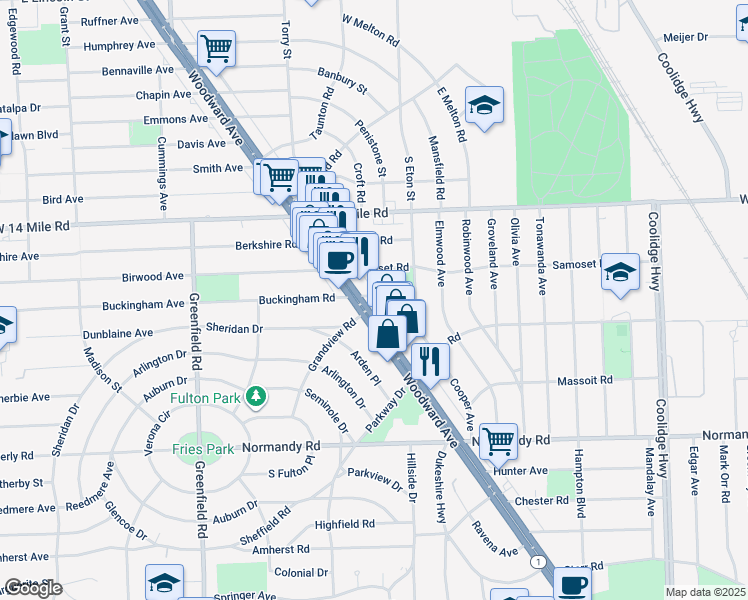 map of restaurants, bars, coffee shops, grocery stores, and more near 4132 Buckingham Road in Royal Oak