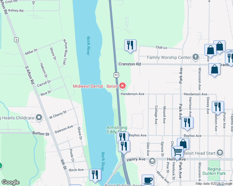 map of restaurants, bars, coffee shops, grocery stores, and more near 2056 South Riverside Drive in Beloit
