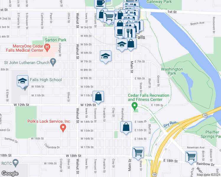map of restaurants, bars, coffee shops, grocery stores, and more near 1004 Clay Street in Cedar Falls