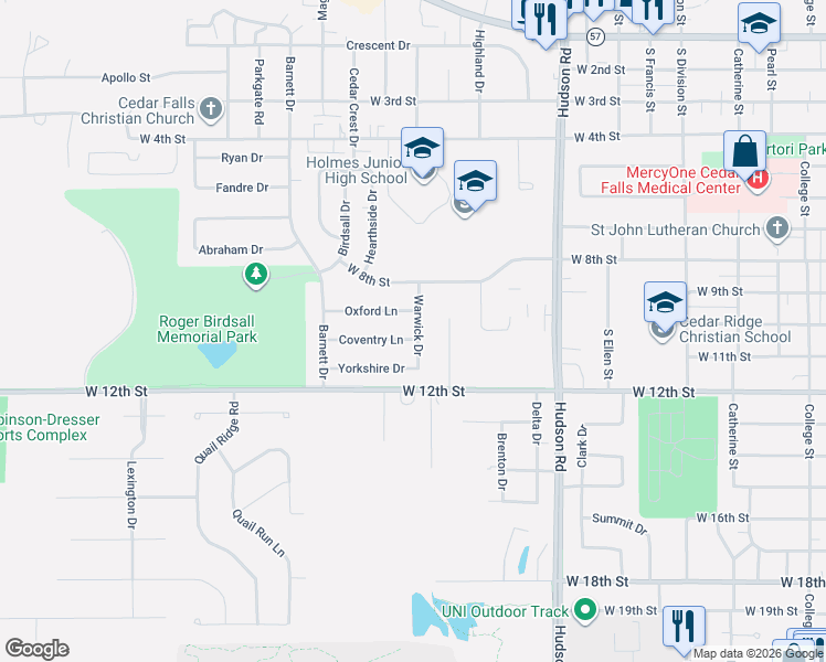 map of restaurants, bars, coffee shops, grocery stores, and more near 1014 Warwick Drive in Cedar Falls