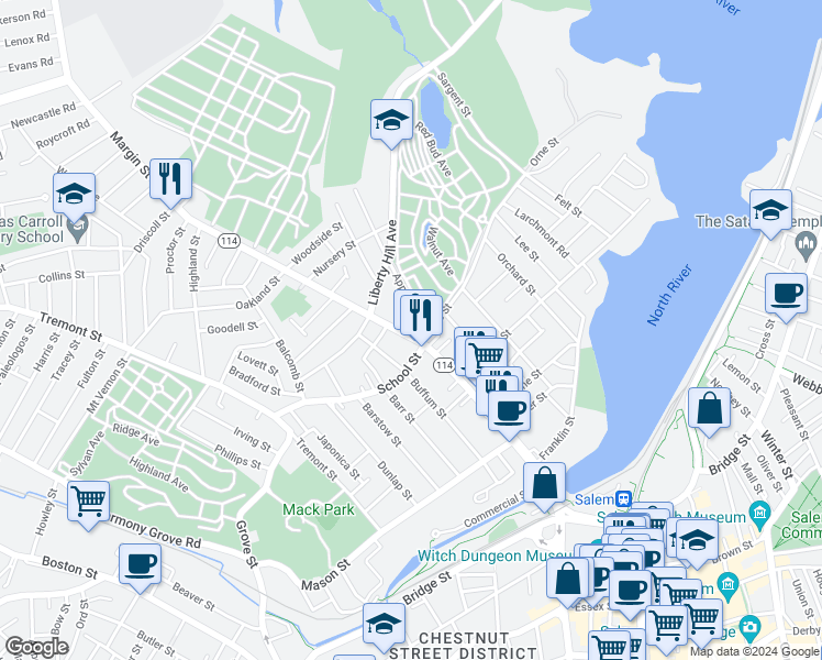 map of restaurants, bars, coffee shops, grocery stores, and more near 162 1/2 North Street in Salem