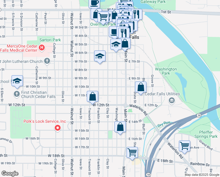 map of restaurants, bars, coffee shops, grocery stores, and more near 1004 Clay Street in Cedar Falls