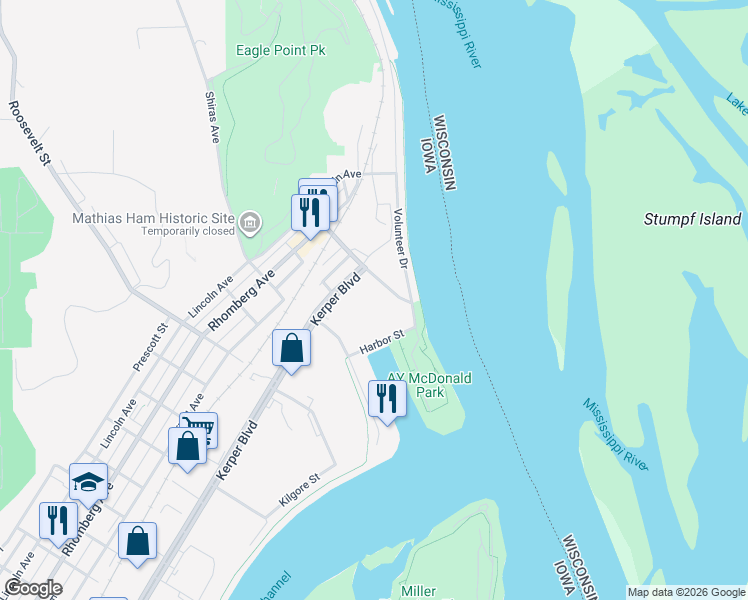 map of restaurants, bars, coffee shops, grocery stores, and more near 1860 Hawthorne Street in Dubuque