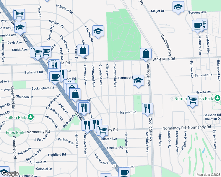 map of restaurants, bars, coffee shops, grocery stores, and more near 4424 Olivia Avenue in Royal Oak