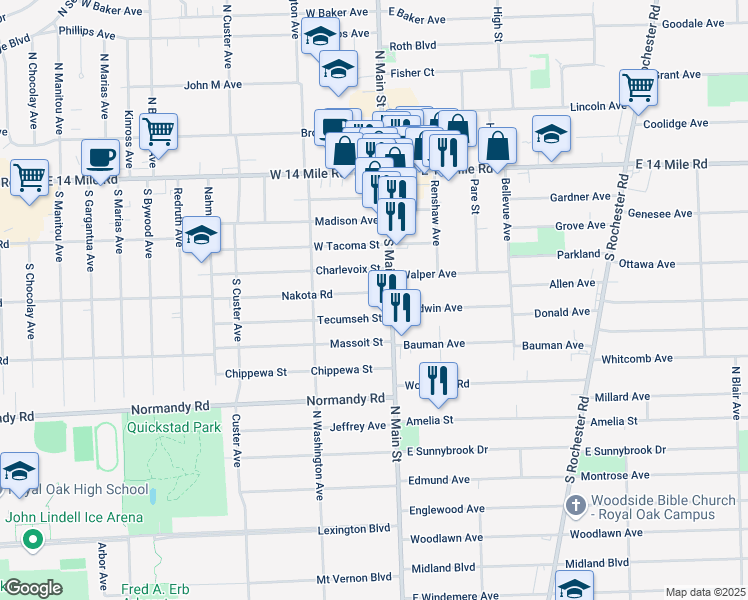 map of restaurants, bars, coffee shops, grocery stores, and more near 27 Nakota Street in Clawson