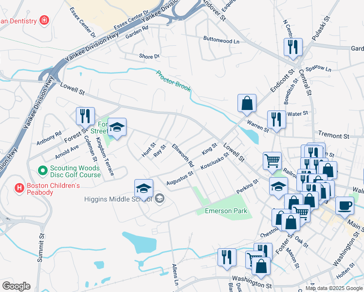 map of restaurants, bars, coffee shops, grocery stores, and more near 27 Emerson Street in Peabody