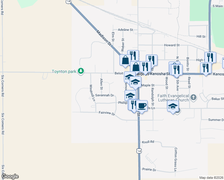 map of restaurants, bars, coffee shops, grocery stores, and more near Spring Drive in Walworth