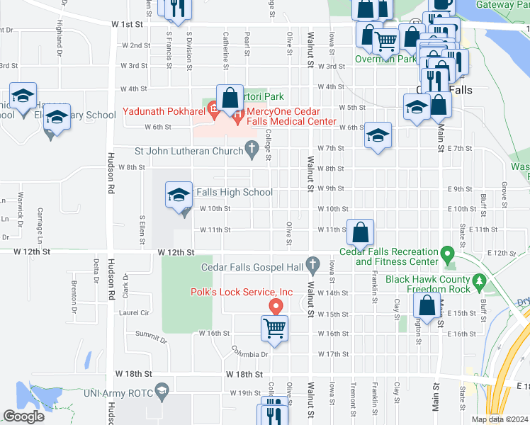 map of restaurants, bars, coffee shops, grocery stores, and more near 1003 College Street in Cedar Falls