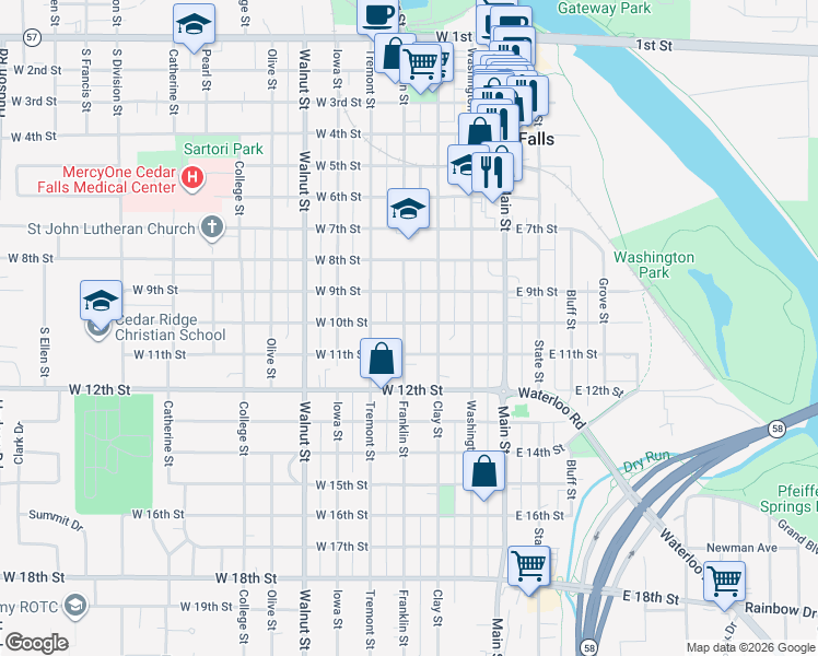 map of restaurants, bars, coffee shops, grocery stores, and more near 1001 Franklin Street in Cedar Falls