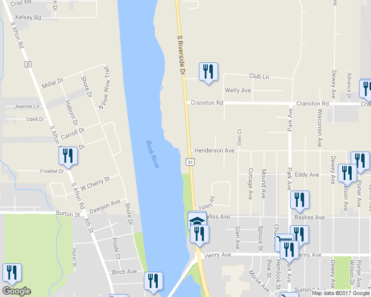 map of restaurants, bars, coffee shops, grocery stores, and more near 2056 South Riverside Drive in Beloit