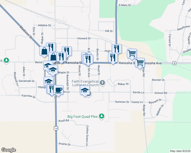 map of restaurants, bars, coffee shops, grocery stores, and more near 419 2nd Street in Walworth