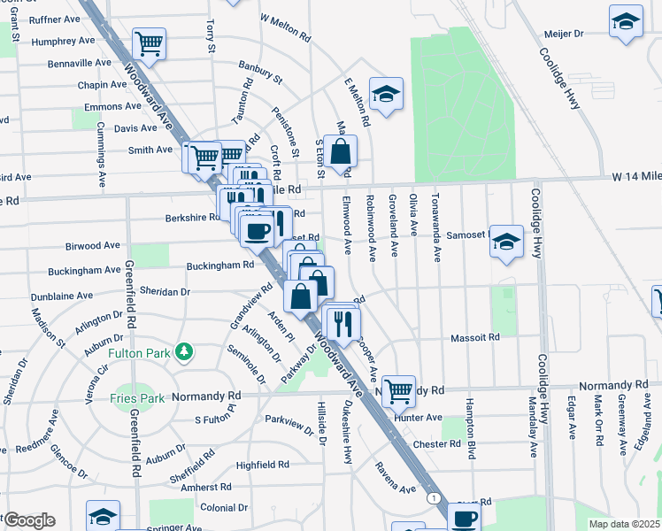 map of restaurants, bars, coffee shops, grocery stores, and more near 4428 Cooper Avenue in Royal Oak