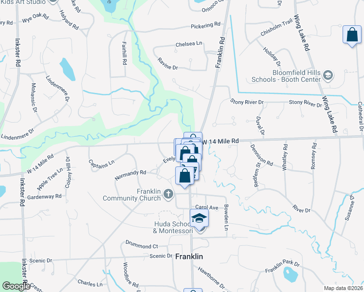 map of restaurants, bars, coffee shops, grocery stores, and more near 26285 West 14 Mile Road in Franklin