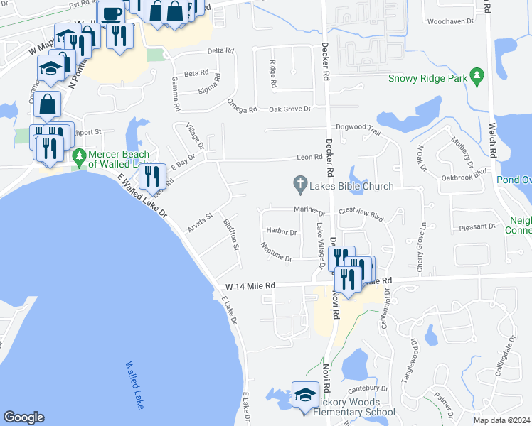 map of restaurants, bars, coffee shops, grocery stores, and more near 1444 Mariner Drive in Walled Lake