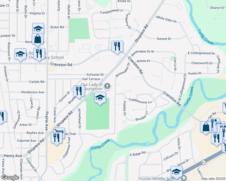 map of restaurants, bars, coffee shops, grocery stores, and more near 2052 Bootmaker Drive in Beloit