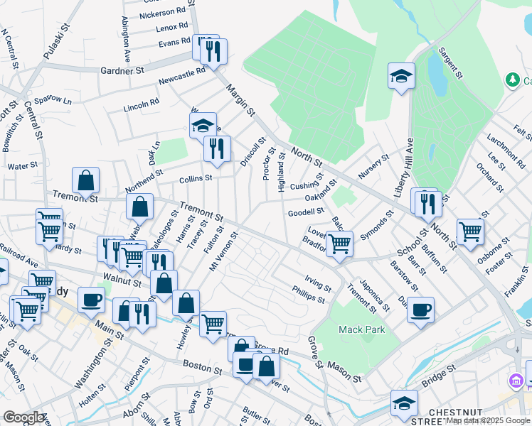 map of restaurants, bars, coffee shops, grocery stores, and more near 15R Oakland Street in Peabody