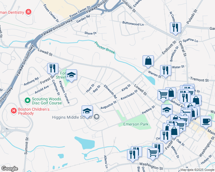 map of restaurants, bars, coffee shops, grocery stores, and more near 27 Emerson Street in Peabody