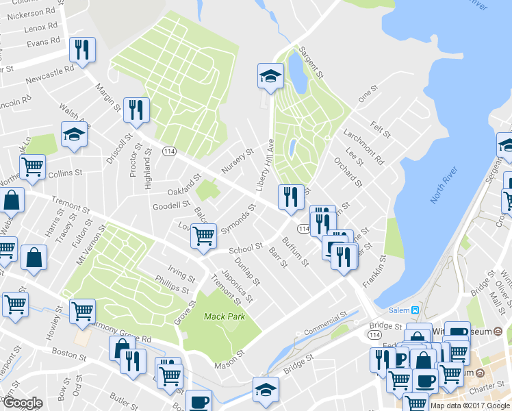 map of restaurants, bars, coffee shops, grocery stores, and more near 1 Symonds Street in Salem