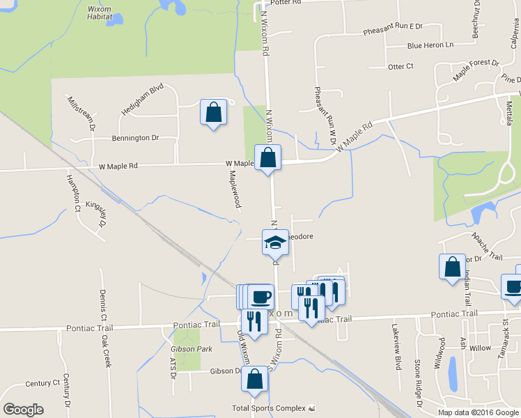 map of restaurants, bars, coffee shops, grocery stores, and more near 499 North Wixom Road in Wixom