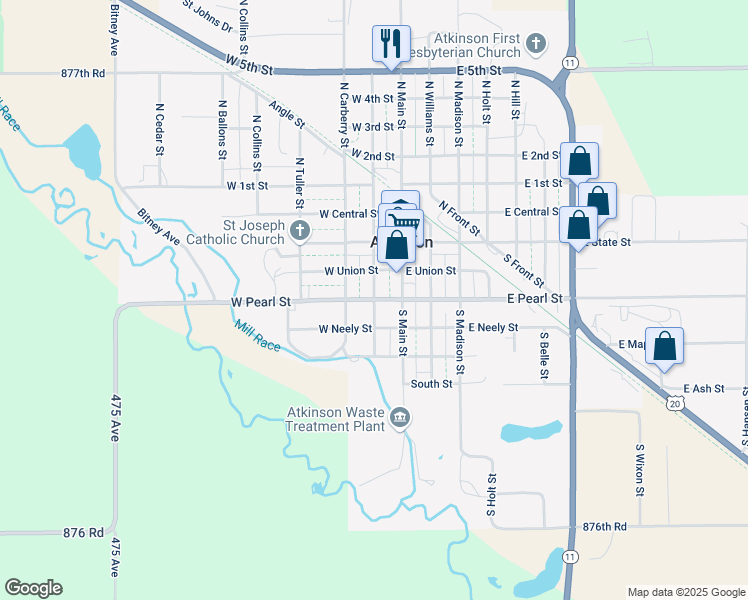 map of restaurants, bars, coffee shops, grocery stores, and more near 200 West Pearl Street in Atkinson