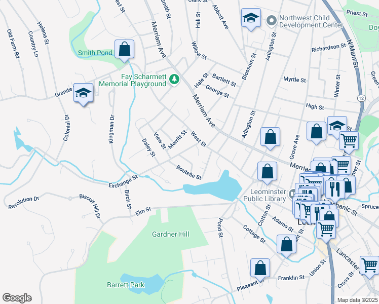 map of restaurants, bars, coffee shops, grocery stores, and more near 20 Exchange Street in Leominster