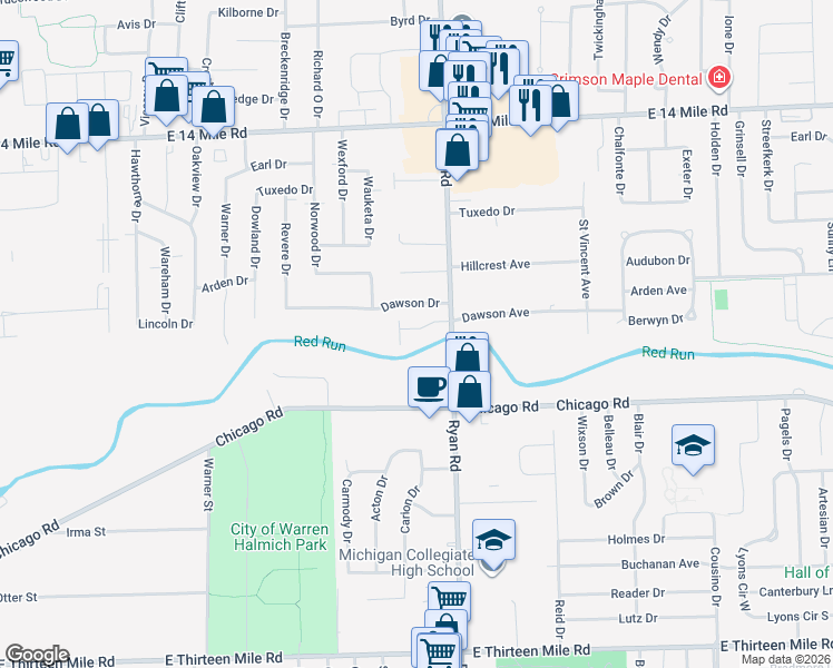 map of restaurants, bars, coffee shops, grocery stores, and more near 32120 Heavenly Court in Warren