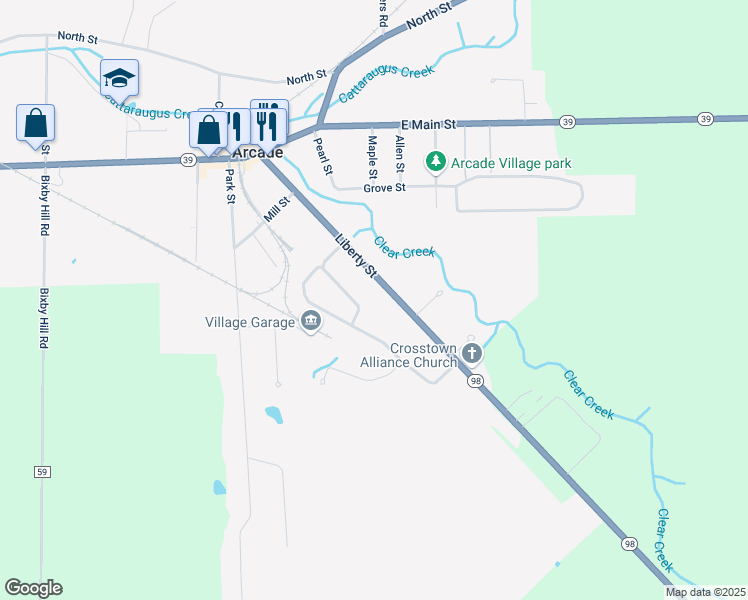map of restaurants, bars, coffee shops, grocery stores, and more near 177 Liberty Street in Arcade