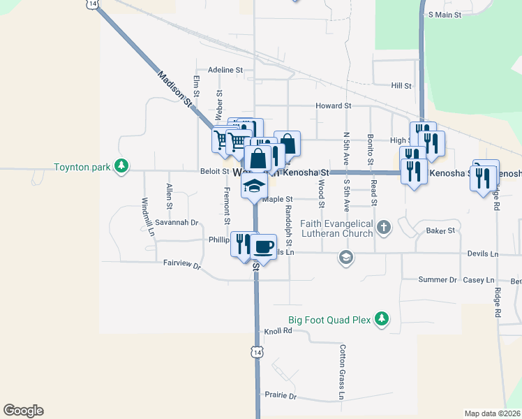 map of restaurants, bars, coffee shops, grocery stores, and more near 210 South Main Street in Walworth