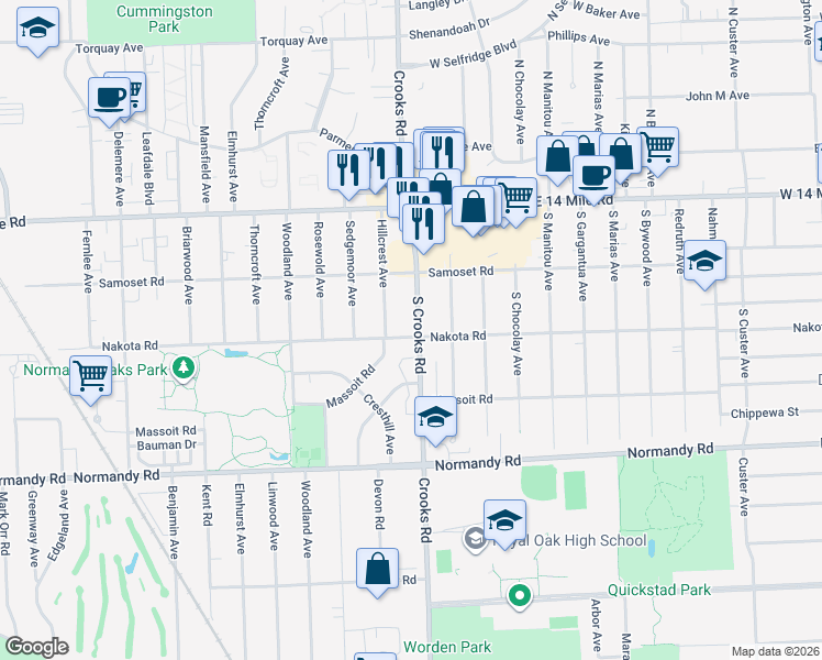 map of restaurants, bars, coffee shops, grocery stores, and more near 4401 Crooks Road in Royal Oak
