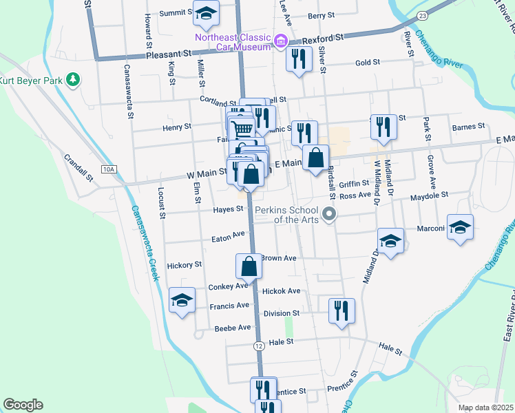 map of restaurants, bars, coffee shops, grocery stores, and more near 47 South Broad Street in Norwich