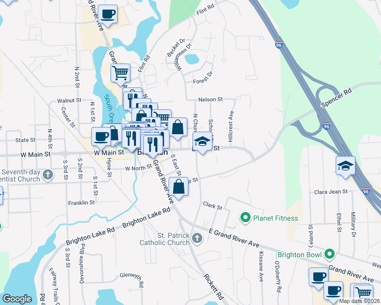 map of restaurants, bars, coffee shops, grocery stores, and more near 125 South Church Street in Brighton