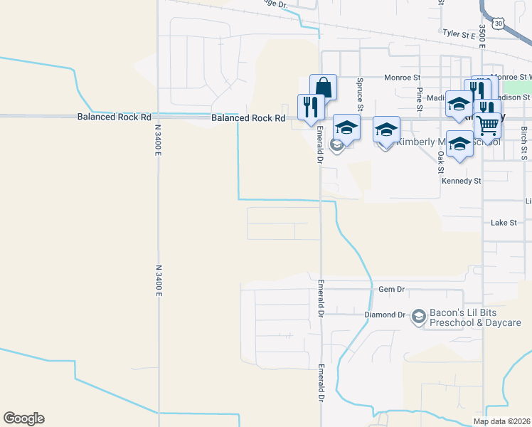 map of restaurants, bars, coffee shops, grocery stores, and more near 3673 North 3450 East in Kimberly