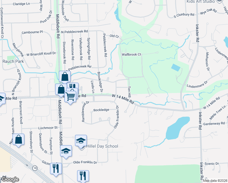 map of restaurants, bars, coffee shops, grocery stores, and more near 7379 Woodridge Road in West Bloomfield Township