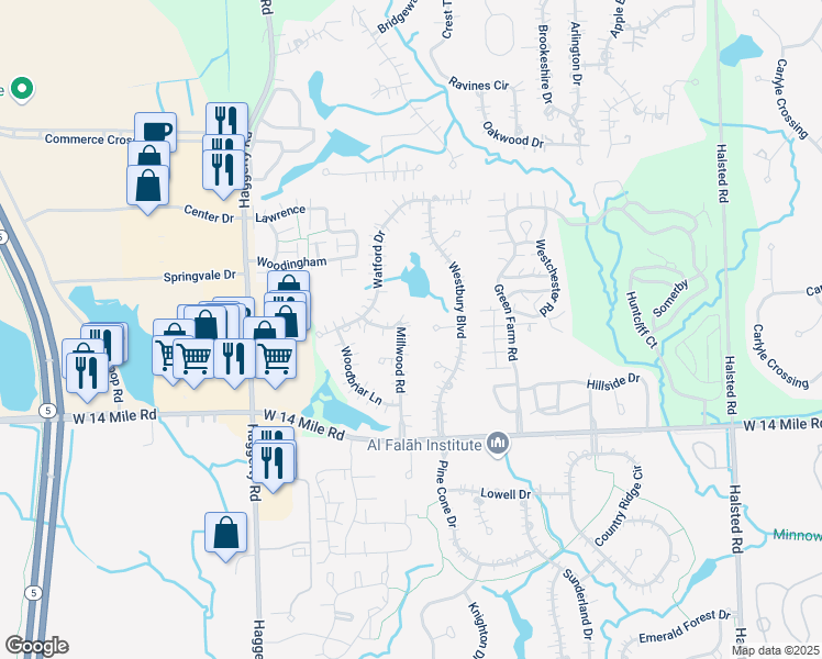 map of restaurants, bars, coffee shops, grocery stores, and more near 7369 Millwood Road in Oakland County