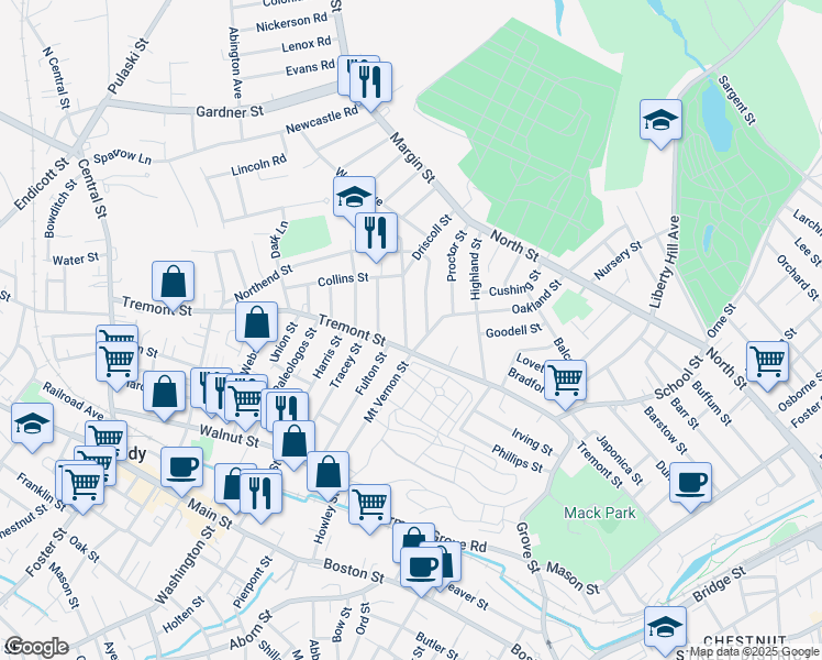 map of restaurants, bars, coffee shops, grocery stores, and more near 7 Driscoll Street in Peabody